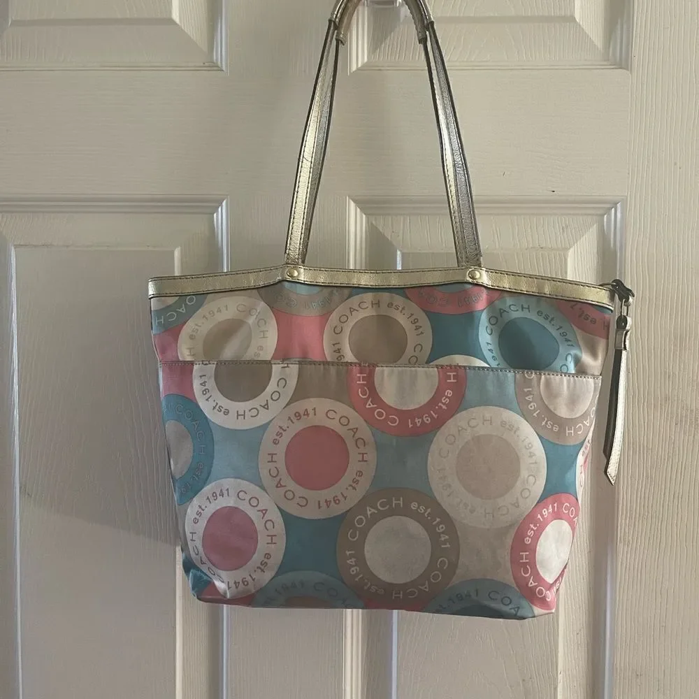 Coach satin scarf print 1941 beige ,khaki,peach & mint green color small tote. - Picture 4 of 16